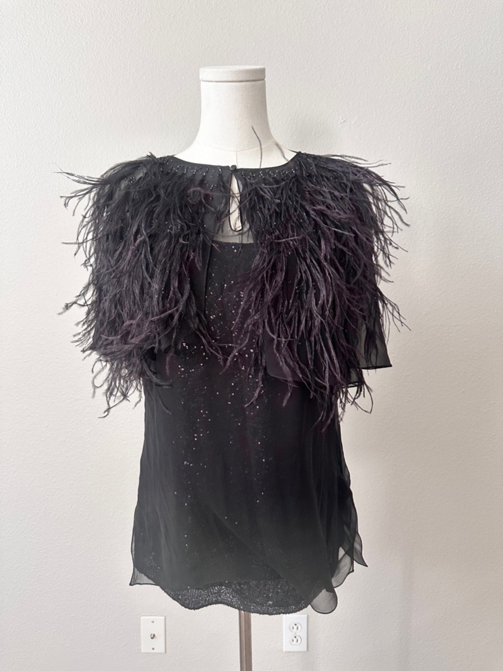 Ralph Lauren Collection Black Ostrich feather Silk Top with Sequin Camisole